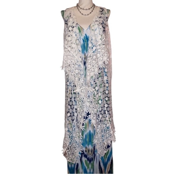 Cato Boho Crochet Long Vest w/Floral Pattern Sleeveless Lace Cardigan SZ M WHT - Picture 2 of 9